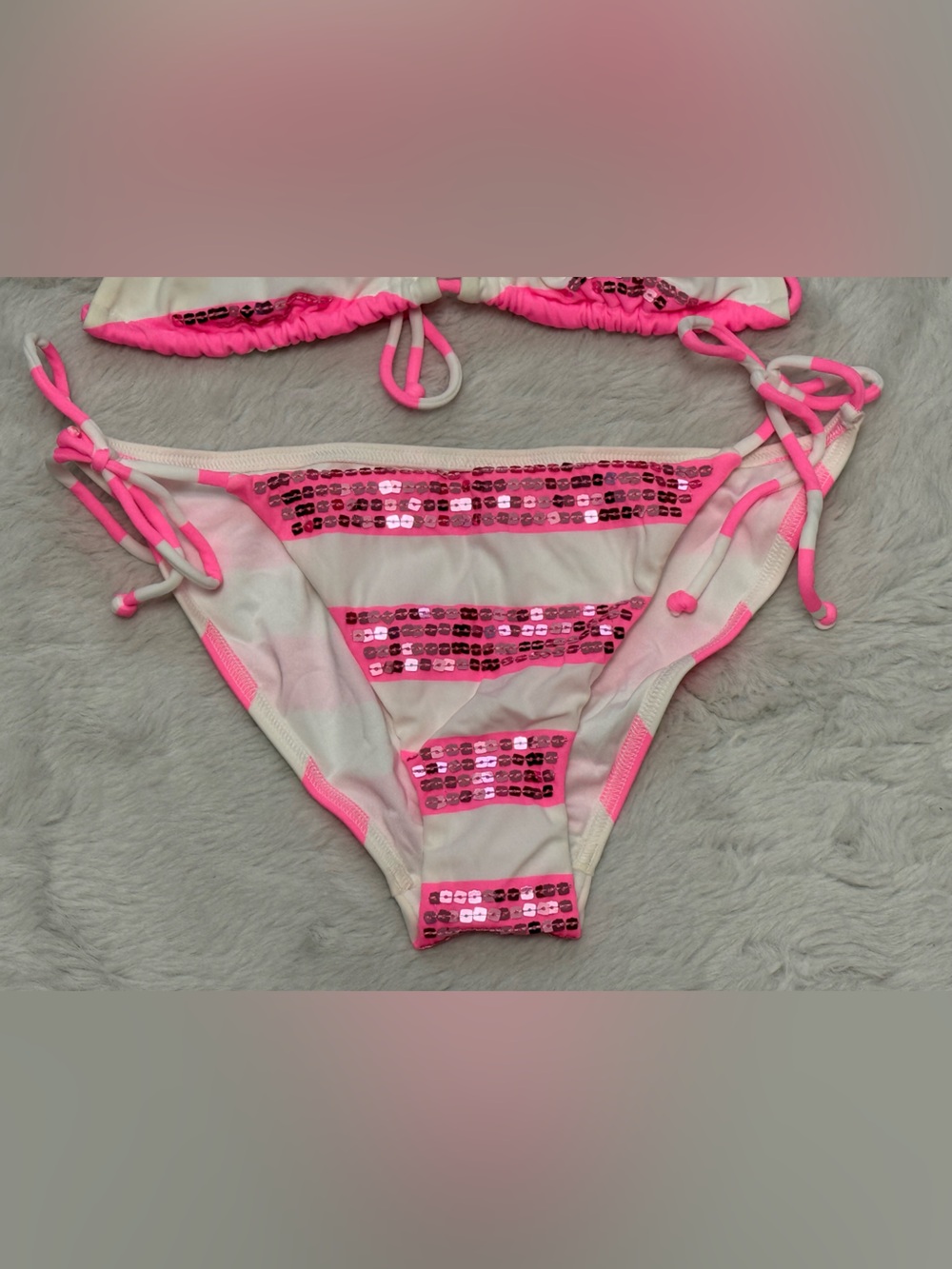 Victoria's Secret Pink and White Sequin Stripe Triangle Bikini - Picture 4 of 6